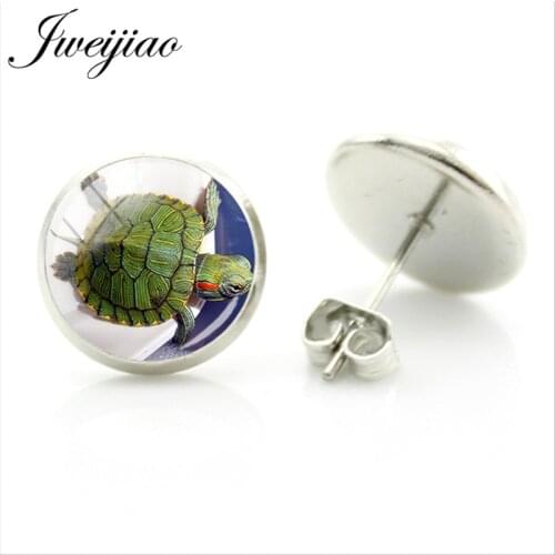 JWEIJIAO Brazilian red-eared turtle Stud Earrings Brazil Animal tortoise Earrings Glass Cabochon Dome for Women Girl Gift QF457