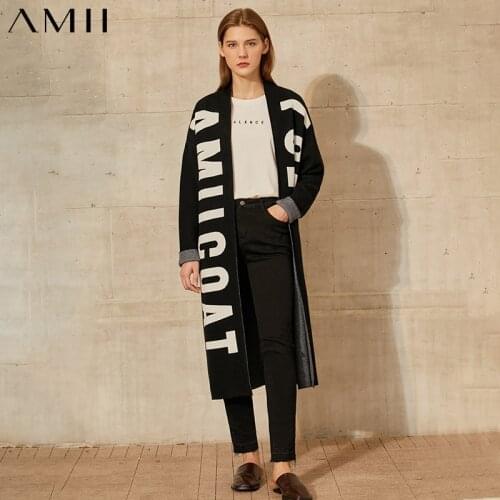 Amii Minimalism Autumn Winter Fashion Letter Printed Loose Knitted Female Cardigan Causal Calf-length Coat Women 12070578