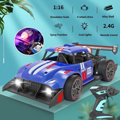 1:16 Simulation Spray Remote Control Car 2.4GHz Alloy Shell Racing Drifting Anti-skid Tires Colorful Exhaust Light Electric Toy
