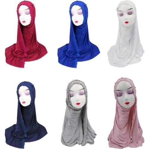 Muslim Women Long Scarf Hijab Beaded Lace Headscarf Islamic Amira Scarves Shawl Head Wrap Turban Bandanas Full Cover Arab Cap
