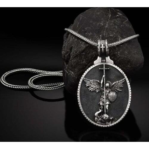 New Fashion Retro Christian Jewelry Angel Archangel Michael Mens Pendant Necklace Religious Jewelry Chain Necklace