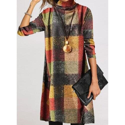 High Collar Dress 2021 Fashion Women Dress Long Sleeve Dress Plaid Printed Checked Loose Dress Women Yellow Purple Plaid Dresses