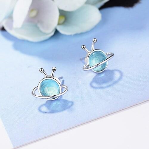 Simple Silver Color Blue Planet Earrings Artificial Crystal Design Stud Earrings For Women Girl Gift