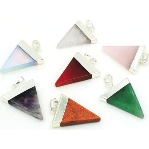 Mixed Stones Green Aventurine/Pink Quartz/Clear Quartz Slice Triangle Pendants Of Silve r Cladding Approx 25*30mm