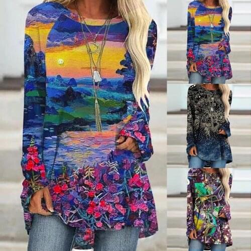 Women Long Sleeves O-Neck Retro T-shirt Natural Scenery Printing Shirts Tops Blouse Daily All-match Girls T-shirt
