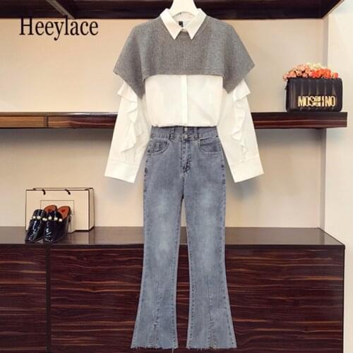 Plus Size 4XL Women Autumn Winter Clothing High Street Suit Knit Shawl Shirt Top And Jean Pant Three Piece Set Matching Outfit