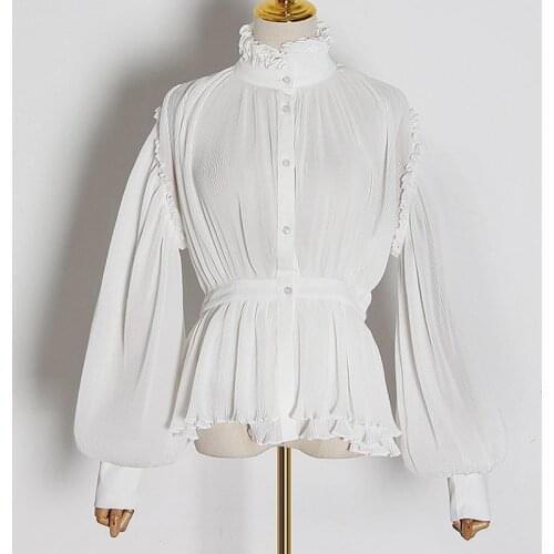 SeeBeautiful Pleated Loose Shirt Stand Collar Long Sleeve Single Breasted Blouse New Fashion 2021 Spring Summer Women E192