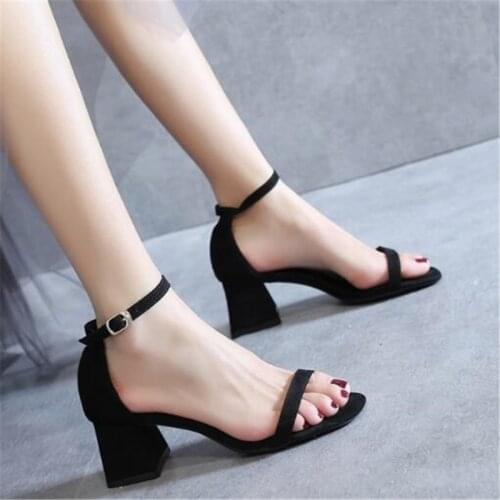 Women sandals Flock Buckle Strap 5CM Thick heel High heels Round Toe Shallow women shoes sandalias mujer 2020 size 35-42 black