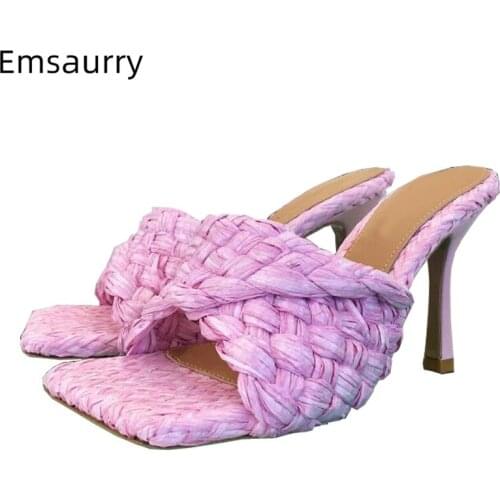 Unique Cane Plaited One-Strap Mules Lady Summer 9cm Thin High Heels Square Toe Weave Knitted Slingbacks Sandals Women