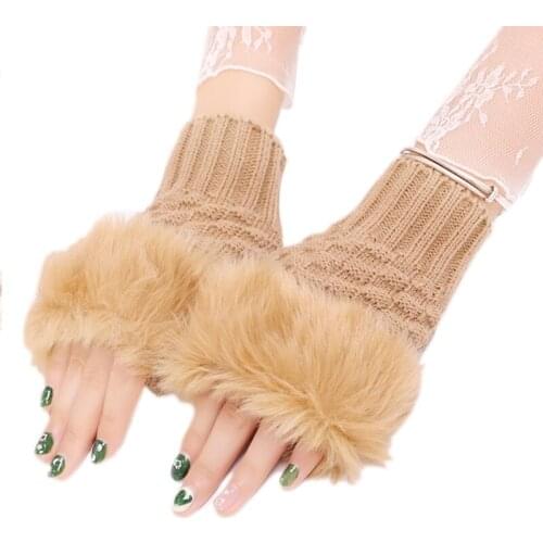 Women Winter Fluffy Plush Patchwork Half Finger Gloves Crochet Knitted Solid Color Short Fingerless Mittens Wrist Warmer H9ED