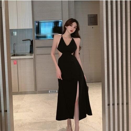 ZC3334 2021 summer new women fashion sexy temperament elegant nice V neck cross split dress cheap wholesale