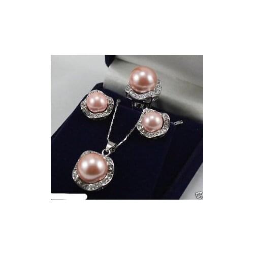 10mm &14mm Pink South Sea Shell Pearl Earring Necklace Ring size6 7 8 9