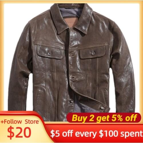 2021 Vintage Brown American Casual Style Genuine Leather Jacket Men Plus Size 4XL Real Natural Sheepskin Slim Fit Autumn Coat