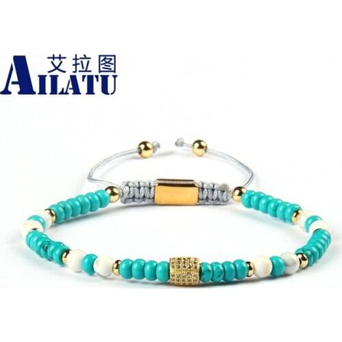 Ailatu Wholesale 10pcs/lot 4mm Stainless Steel Beads Natural White Howlite & Blue Flat Bead Macrame Bracelet for Couples Gift