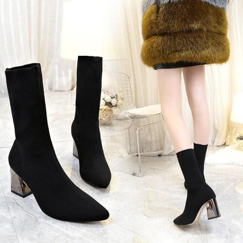 Cross-border large size new elastic boots stovepipe black knitted pointed Martin boots thick heel high heel short boots women