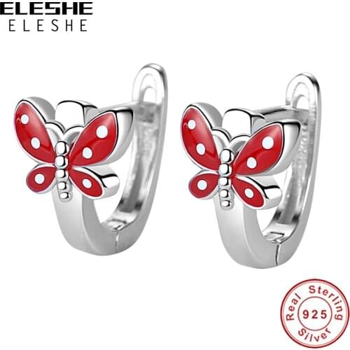 Red Enamel Butterfly Animal Lovely Hoop Earrings Real 925 Sterling Silver Earrings Party Dating Jewelry For Women Girls