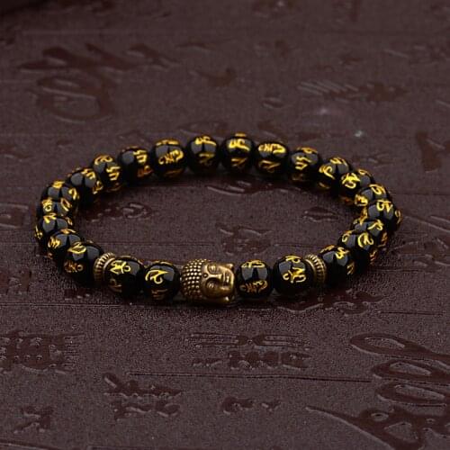 Womens Retro Tibetan Black Beads Carve Mantra Om Mani Amulet Bracelet Men Vintage Buddhist Meditation Jewelry AB285