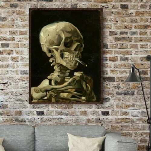 Skull of A Skeleton with Burning Cigarette Canvas Painting Skull with Cigarette Poster Art for Home Decor