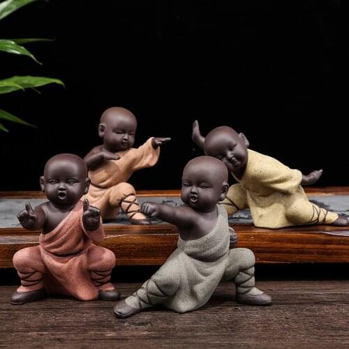 Chinese style home interior tabletop tea pet ornaments Dehua ceramic figures Chinese style Kung Fu kid little monk