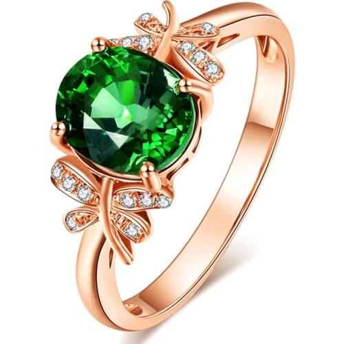 Rose gold emerald gemstones green crystal Rings for women femme bijoux diamonds jade anillos mujer fashion luxury jewelry gift