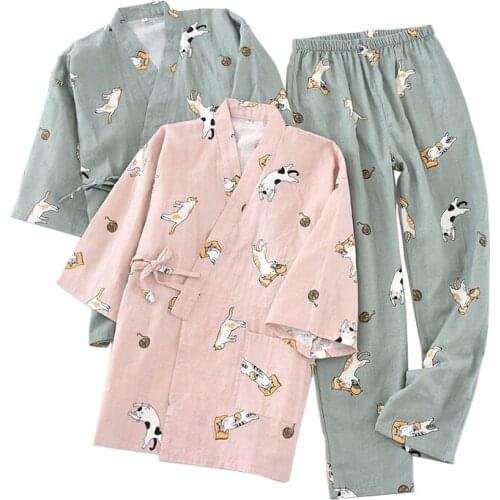 2PCS Japanese Women Clothing Set Kawaii Printed Kimono Gauze Cotton Steaming Wear Pajamas Man Woman Bathrobe Nightgown