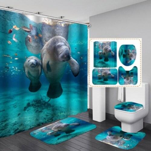 Fashion Ocean Cute Seal 3D Printing Waterproof Shower Curtain Set With Rug Toilet Cover Bath Mat Set Bathroom Decor