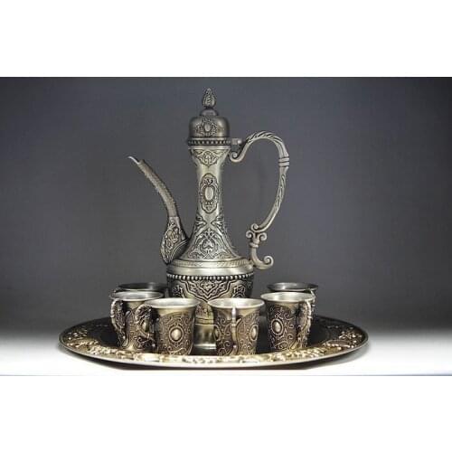 Sets Tibetan silver Set Wine appliances Jug & Cup & Tray 1 Wine Pot 6 Cup Tibet Miao Silver Decoration real Tibetan Silver Brass