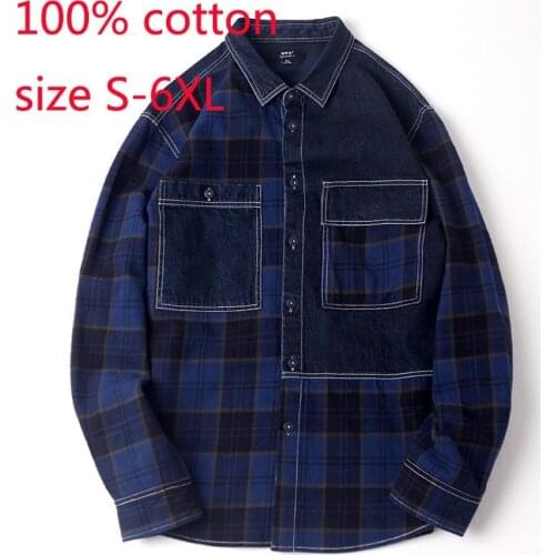 New Arrival Men Long Sleeve Spring Autumn 100%Cotton Casual Youth Denim Loose Stitching Coat Shirts Plaid Plus Size S-4XL5XL 6XL