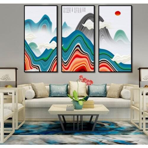 New Chinese Canvas Painting Wall Art Poster Abstract Mountain Cloudy Landscape Picture Home Decoration Mural Three Pcs Frameless