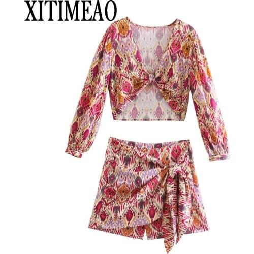 Za New Spring And Autumn Womens Retro Printed Simple Style Knot Top And High Waist Casual Skirt Suit
