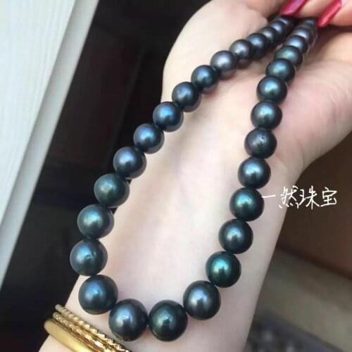 Huge 12-14mm tahitian round black green pearl necklace 18inch 925s