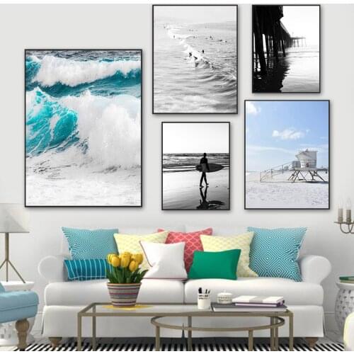 Ocean Beach Surfer Waves Wooden Bridge Wall Art Canvas Painting Nordic Posters And Prints Wall Pictures For Living Room Decor