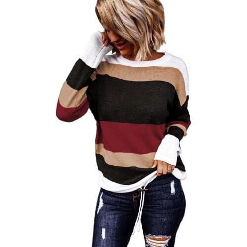 Orange/Red/Green Colorblock Knit Sweater Women Round Neck Pullover Style Autumn Winter Tops