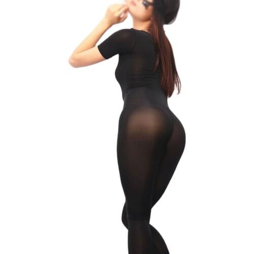 Sexy Ice Silk Short Sleeve Corset High Elastic Bodystocking Woman Transparent Cosplay Bodysuit Zip Open Crotch Appeal Clothing