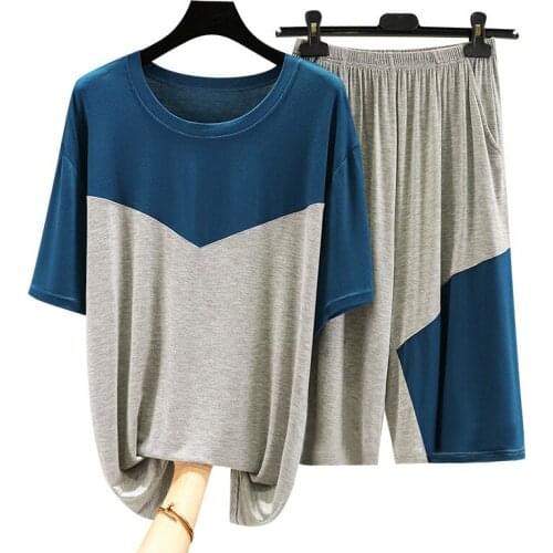 Mens Pajamas Summer Modal Round Neck Loose Plus Size Short Sleeve Homewear Thin Casual Contrast Color Set Splicing Pijama Homme