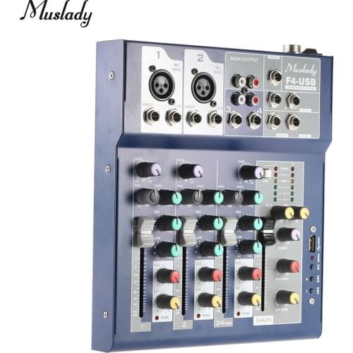 Muslady F4 Professional Metal 4 Channel Live Mixer Mixing Console 3-Band EQ USB Function 48V Phantom with Bulit-in Effect