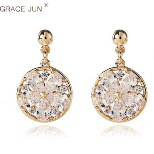 GRACE JUN Top Quality AAA CZ Round Circle Flower Clip on Earrings and Pierced Earrings for Women Fashion Wedding Accessory New