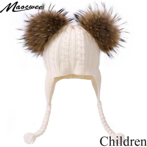 Double Real Fur Pom Pom Beanie Hat For Children Winter Earflaps Braid Knitted Warm Cap Beanie Kids Cute Soft Hat For Girls Boys