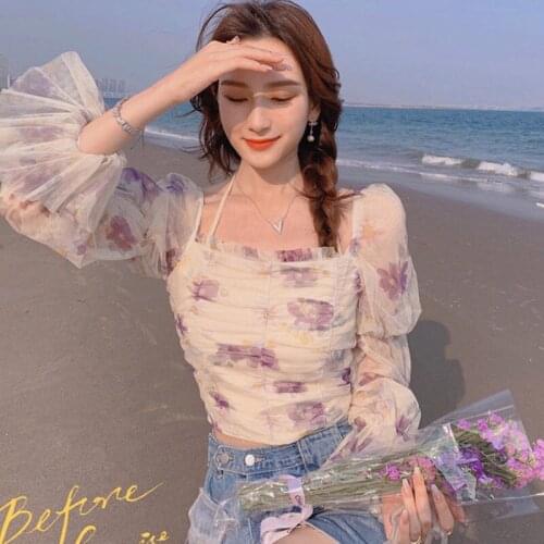Bella 2021 new Summer Floral Chiffon Blouse Women Elegant Kawaii Korean Chic Sweet Blouse Casual Puff Sleeve Outdoor Slim Blouse