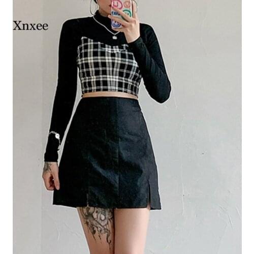 Plaid Two-Piece Suit Top Women Solid Black Long Sleeve Camis Streetwear Punk Casual Crop Tops Spring Tees Bodycon Y2K Clothing
