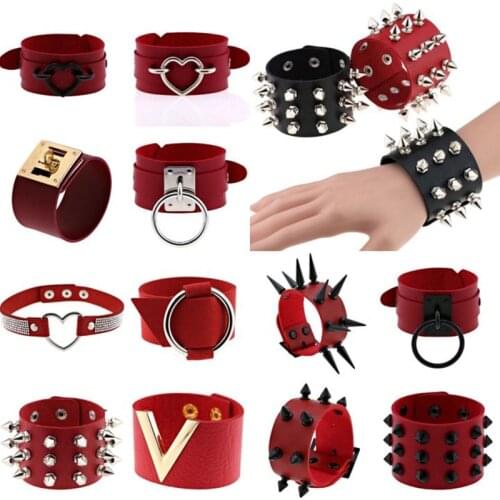 Boho Spike Rivets Bracelets For Women Punk Goth Red PU Leather Bracelet Cuff Bangles Studded Halloween Festival Jewelry Harajuku