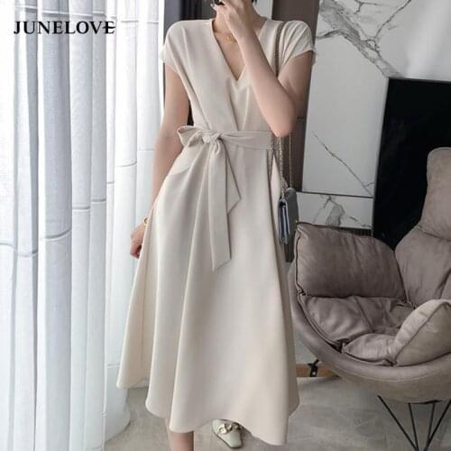 JuneLove Elegant Slim Dress Women V-neck Short Sleeve Casual Midi Dress Office Lady Dress Vintage Street Party 2021 Summer Chic
