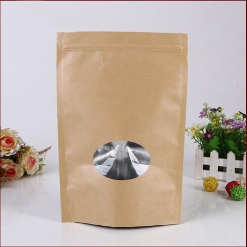 13*20+4 100pcs brown self zip lock kraft paper bags with window for gifts sweets and candy food tea jewelry retail package paper