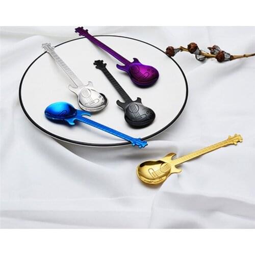 4pcs Stainless Steel Long Guitar Coffee Spoon Set For Tea Dessert Ice Cream Spoon Gold Silver Colorful Kitchen Drinking Tools