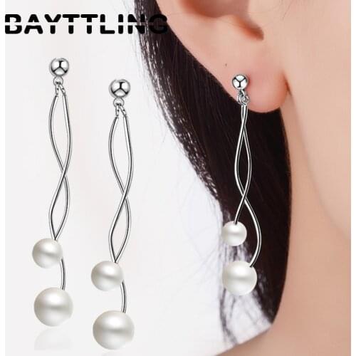 BAYTTLING 925 Sterling Silver 50MM Wave Round Pearl Drop Earrings For Women Fashion Glamour Party Gift Wedding Jewelry