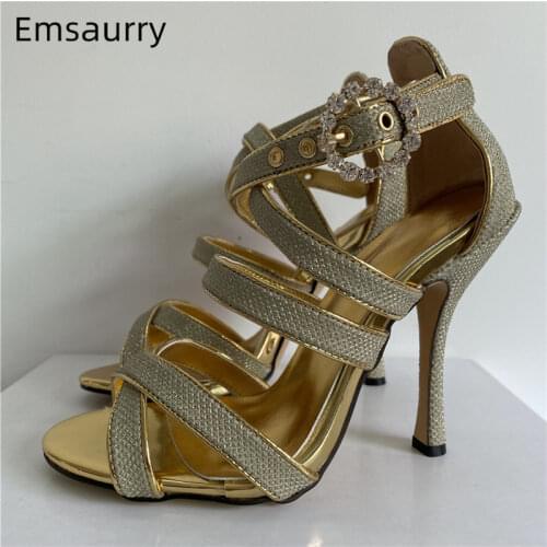 Bling Glitter Cross-Band Gladiator Sandals Women Thin High Heel Peep Toe Cover Heels Rhinestone Party Shoes Woman Summer