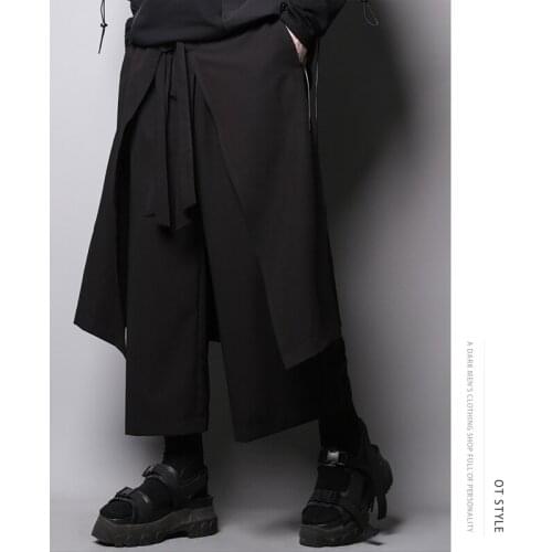 Japanese dark yamamoto-style personality ribbon stitching fake two casual Pants nine-cent loose-leg pants neutral