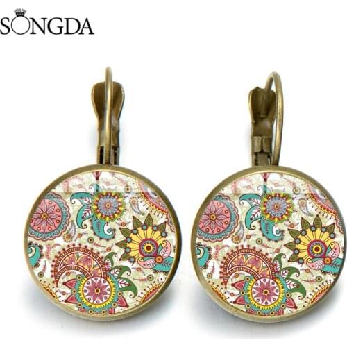 Ethnic Boho Paisley Flower Earrings for Women Vintage Geometric Mandala Artistic Floral Pattern Glass Dome Round Earrings
