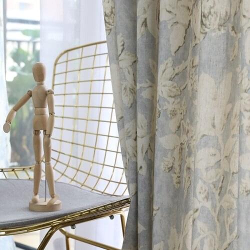 Fresh Simple American Rural Country Style Blue Gray Printed Pomegranate Flower Cotton Linen Curtains for Living Room Bedroom