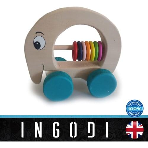 INGODI cute elephant animal figure baby and toddler activity wooden toys with wheels